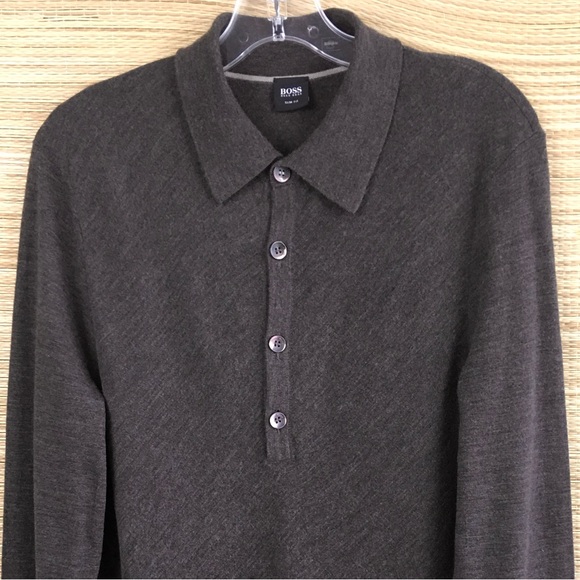 Hugo Boss Slim Fit Virgin Wool Bias Knit 1/3 Buttons Long Sleeve Polo Shirt Sz L - Picture 5 of 14